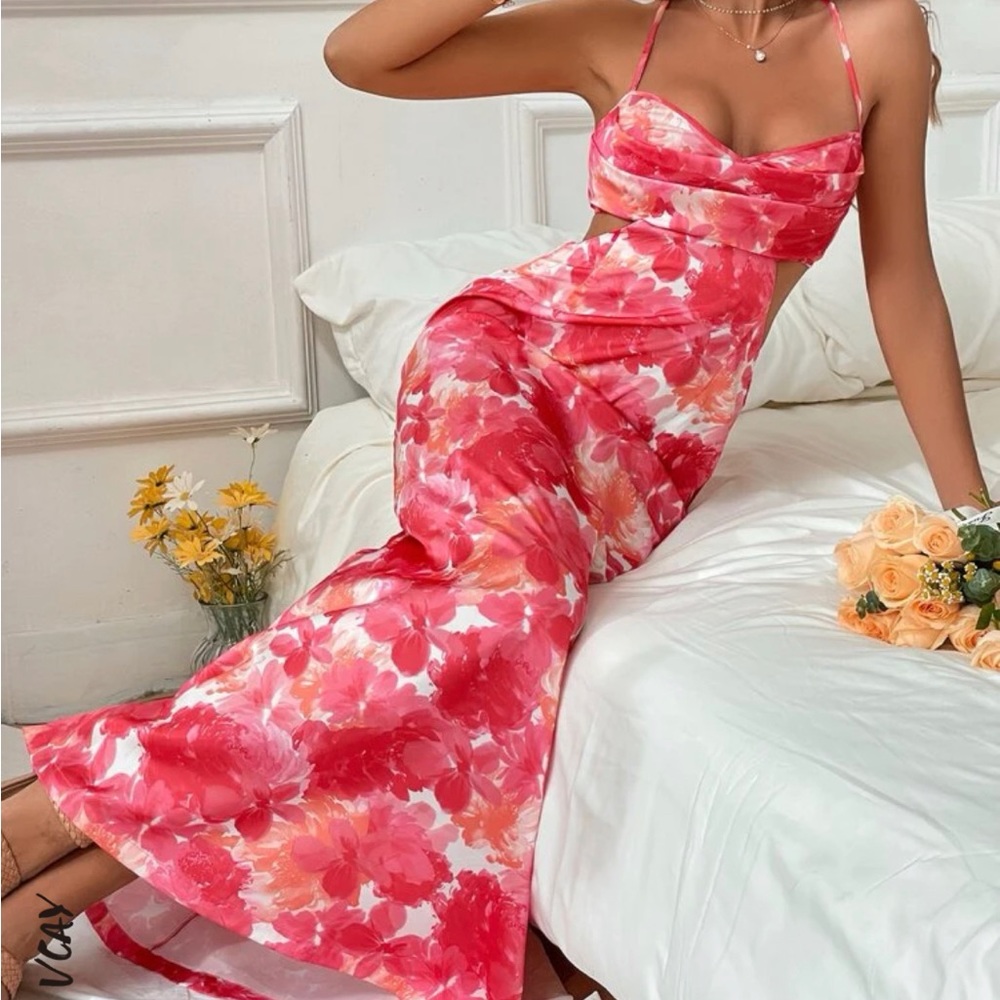 Floral print ruched cutout waist dress